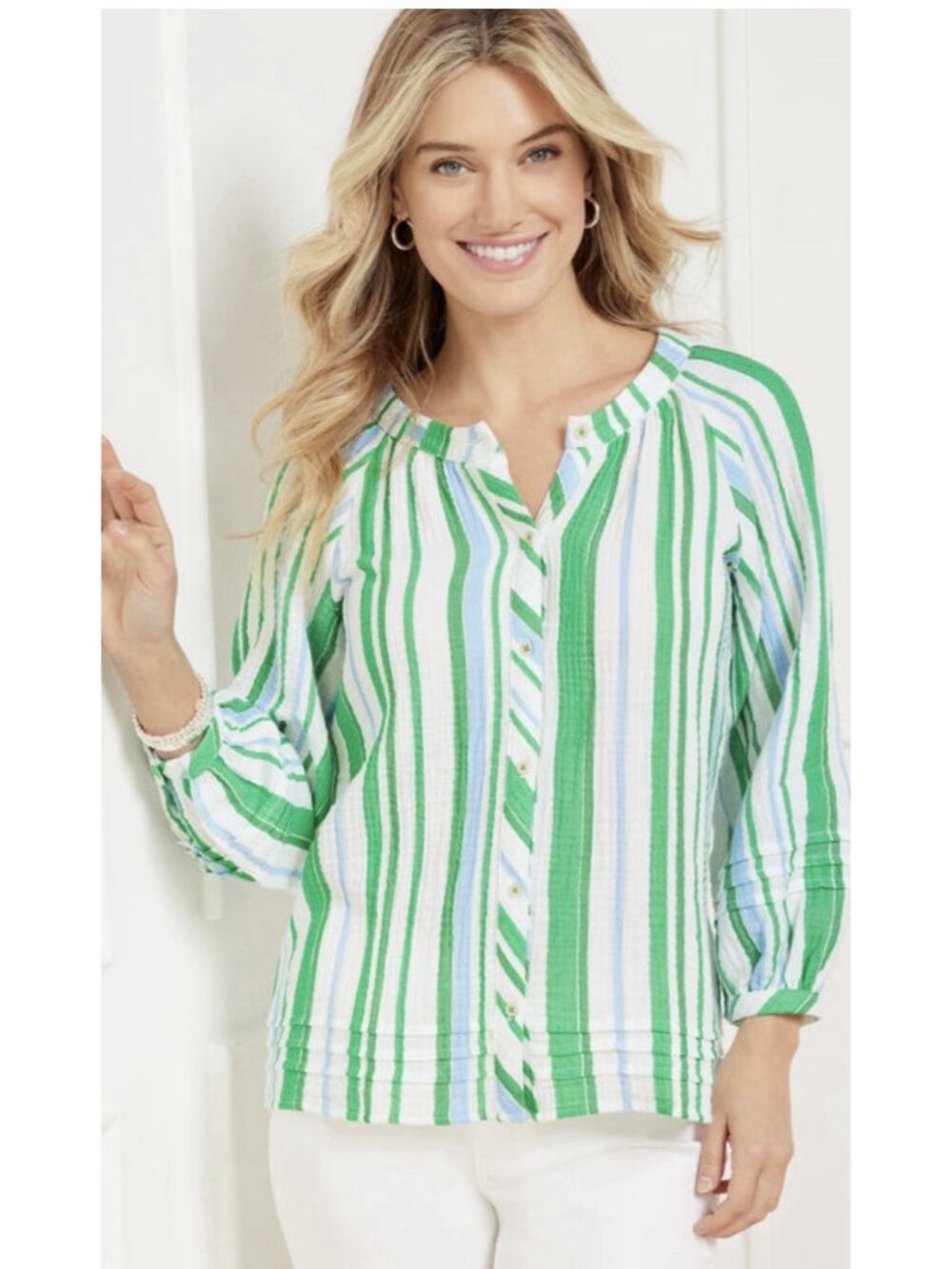NWT TALBOTS Woman Med Pintuck button front top cruise stripe gauze Long Sleeve